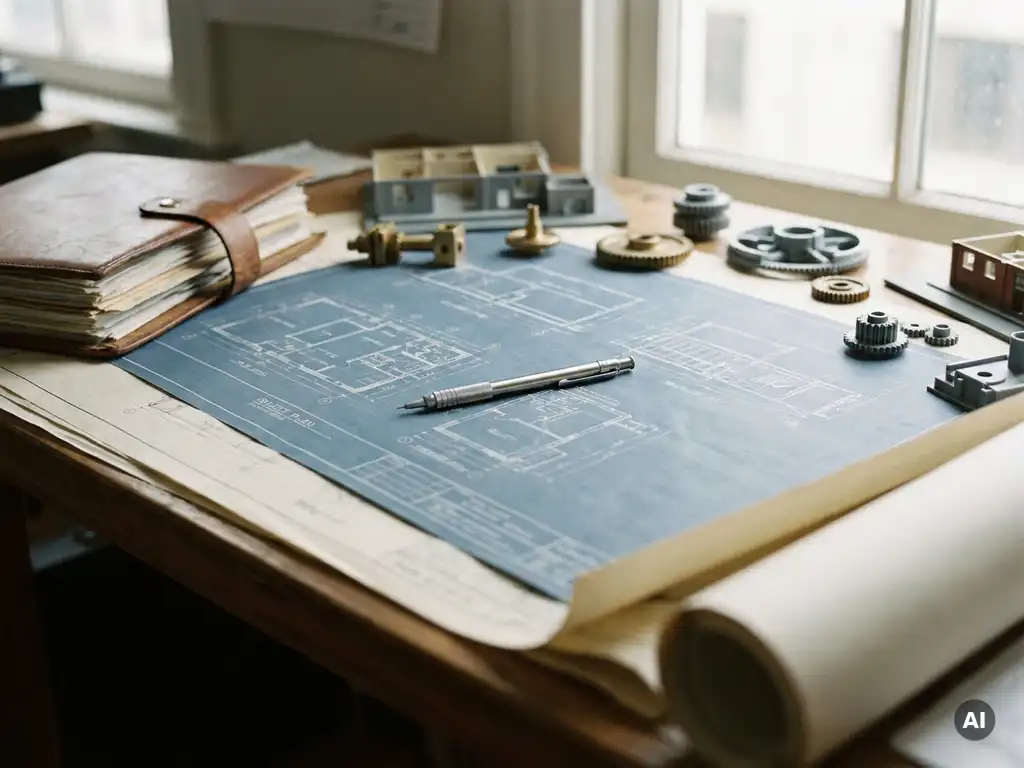 Architectuurblueprint op een tekentafel met mechanisch potlood, systeemcomponentmodellen en een projectmap in staal blauw en ivoor tinten.