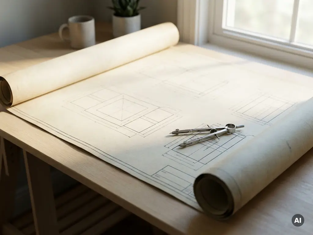Technische blauwdruk op minimalistisch bureau met een passer op nauwkeurige diagramlijnen, zacht natuurlijk licht, staal blauwe en ivoorkleurige tinten.