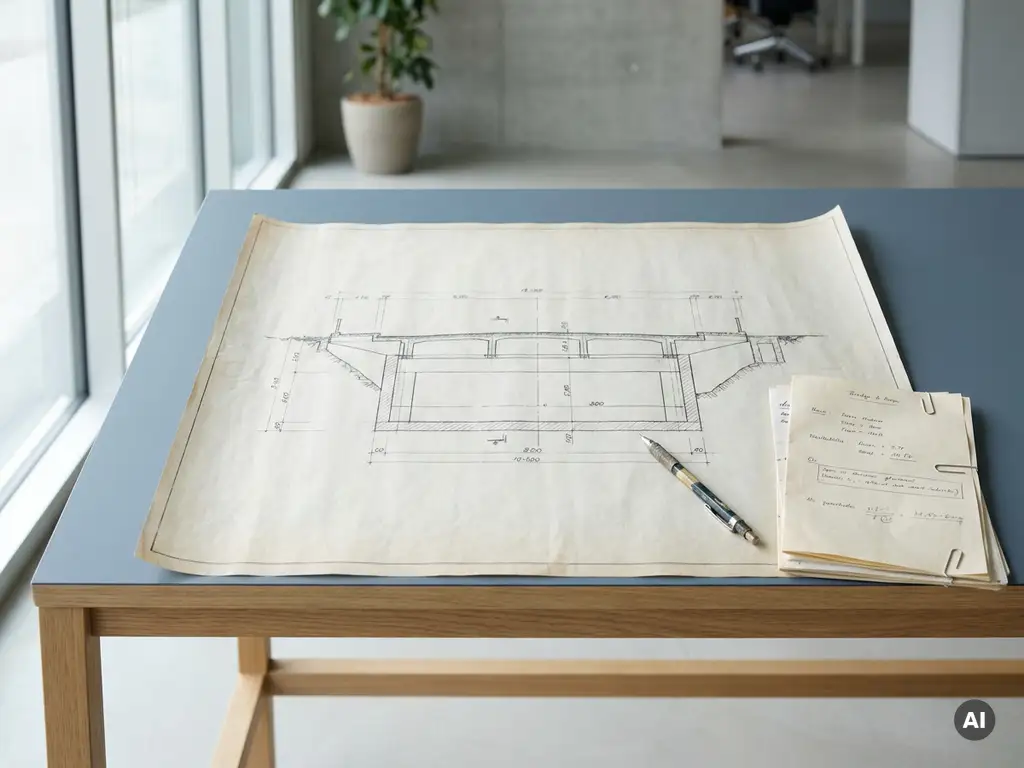 Technische blauwdruk met infrastructuurdoorsneden op modern bureau, mechanisch potlood en gelaagde projectdocumenten in natuurlijk daglicht.