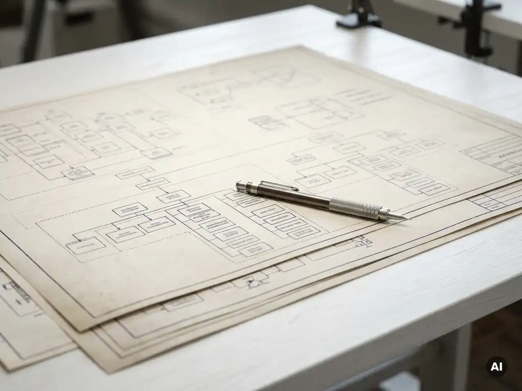 Technische blauwdruk met modulaire systeemdiagrammen op een witte tekentafel, mechanisch potlood diagonaal geplaatst.