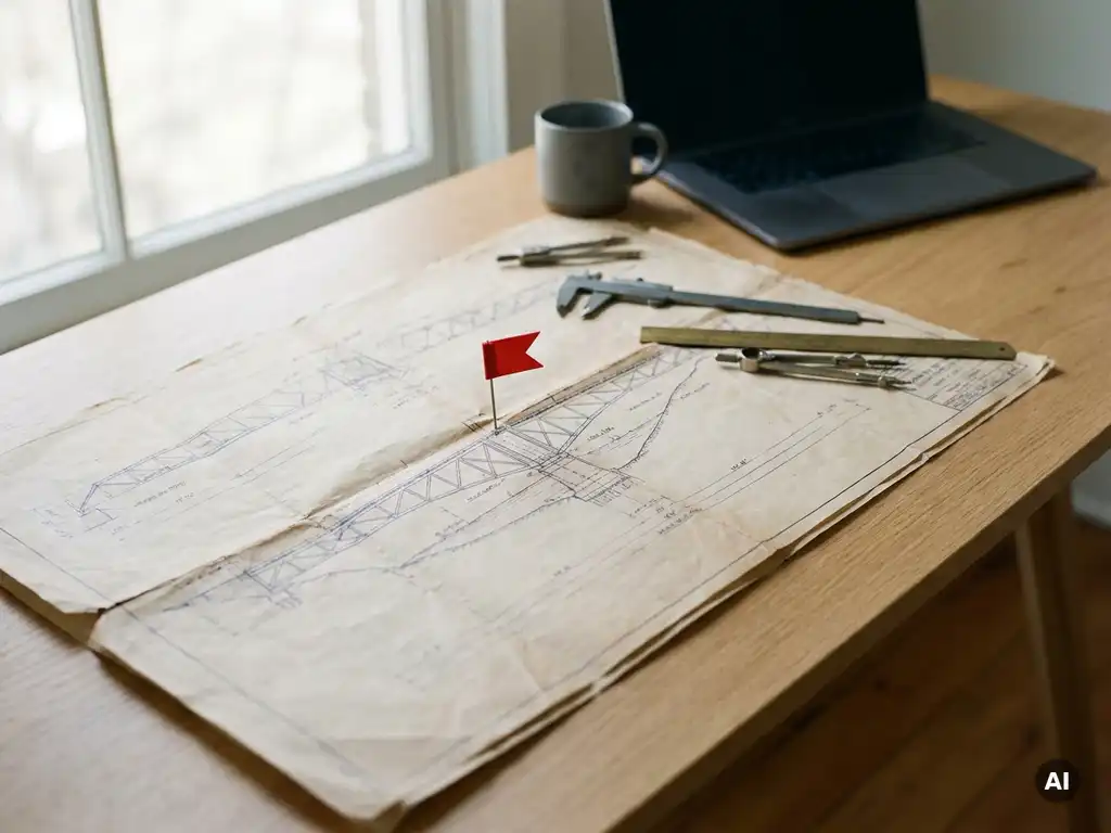 Verouderde technische bouwtekening op modern bureau met rode waarschuwingsvlag op structureel knooppunt, meetgereedschap en laptop op achtergrond.
