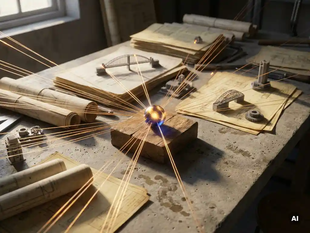 Gloeiende amberkleurige draden verbinden technische blauwdrukken en 3D-infrastructuurmodellen op een betonnen bureau, samengekomen in één centraal lichtpunt.