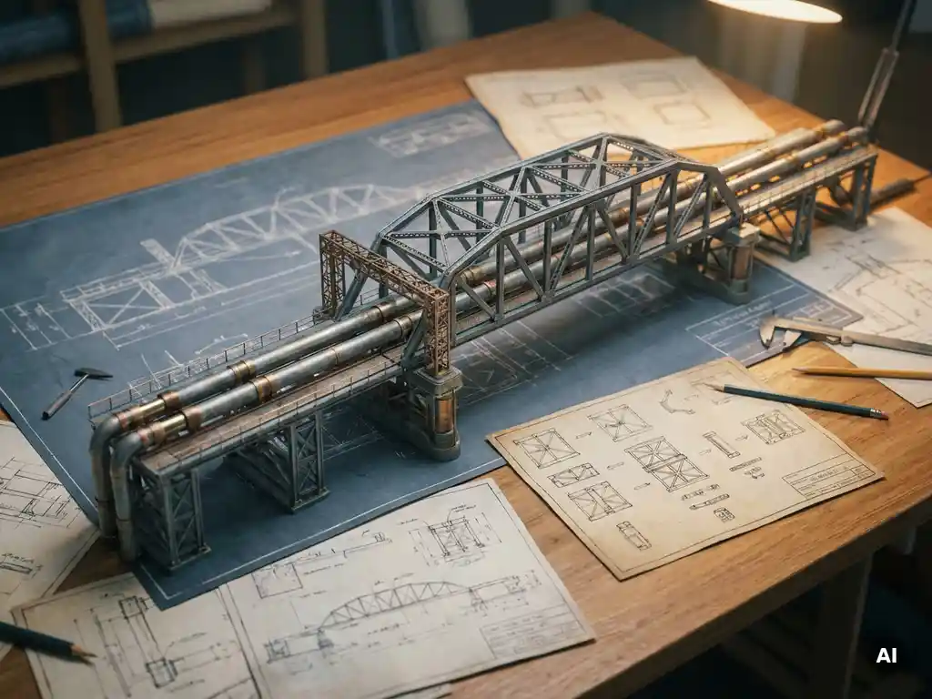 Modulaire 3D-schaalmodel van een civiele brug of pijpleidingstructuur omringd door technische componentdiagrammen op een tekentafel.