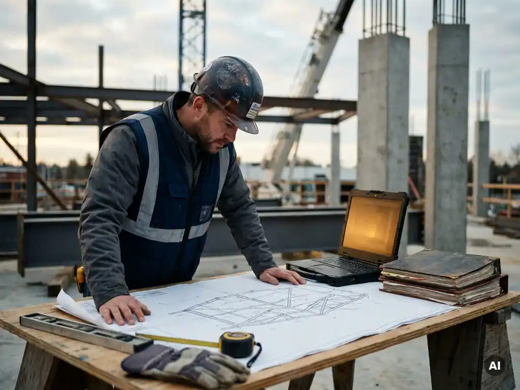 Constructeur bestudeert technisch systeemschema op bouwplaats, laptop en ordners naast helm en meetgereedschap.
