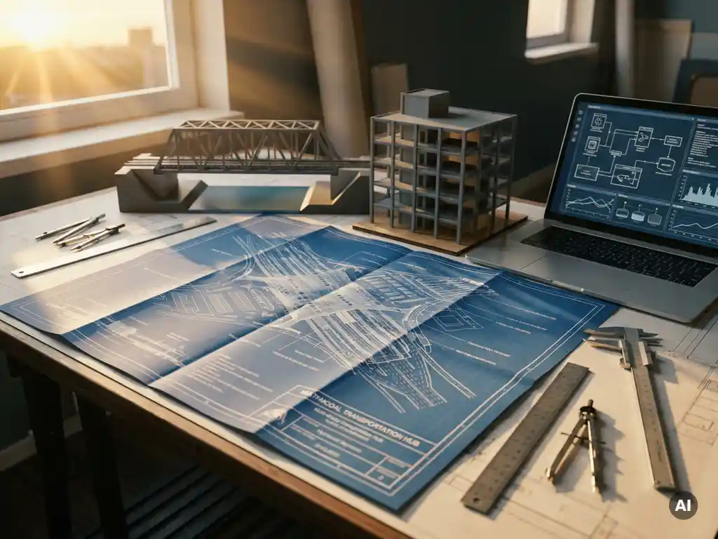 Infrastructuurproject blauwdruk op een bureau met meetgereedschap, schaalmodellen van brug en gebouw, en laptop met systeemdiagrammen in gouden avondlicht.