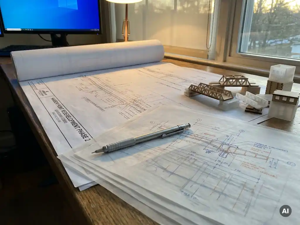 Infrastructuurblauwdruk op een technische werktafel met mechanisch potlood, transparante revisielagen en modulaire componentmodellen.
