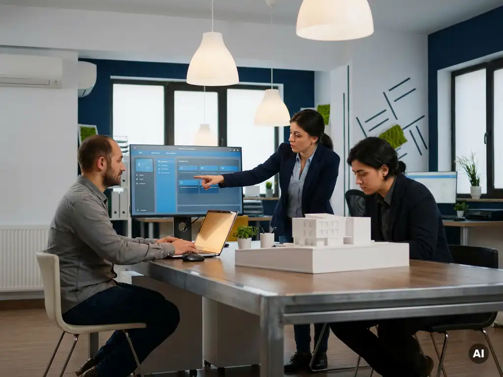 Divers ingenieursteam werkt samen aan structurele tekeningen, laptop en schaalmodel rond een gedeeld bureau in modern kantoor.