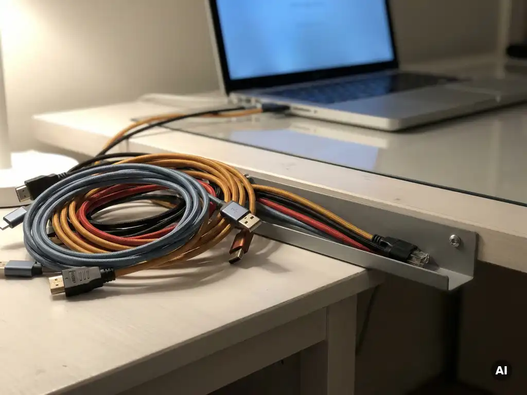 Wirwar van gekleurde kabels op wit bureau die overgaan in een geordende kabelgoot, met een laptop in blauw licht ernaast.