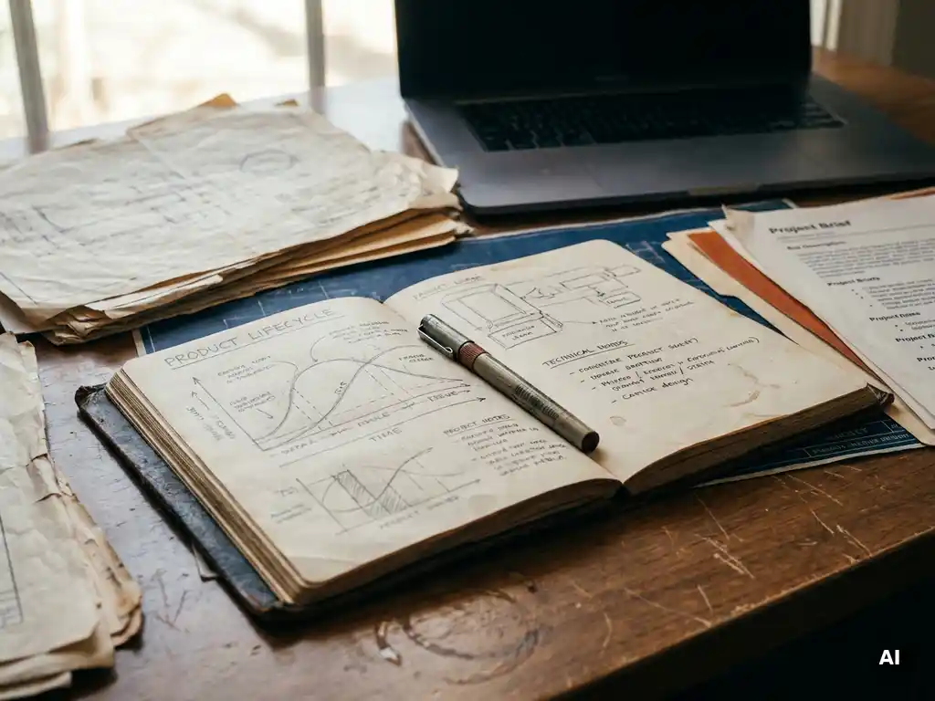 Versleten ingenieursnotitieboek met handgetekend lifecycle-diagram, omringd door projectdocumenten en een technische pen, laptop op achtergrond.