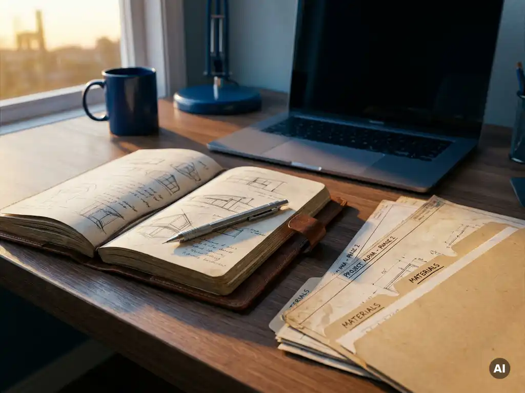 Open leren notitieboek met handgeschetste ontwerpschetsen en mechanisch potlood op modern bureau met laptop op de achtergrond.