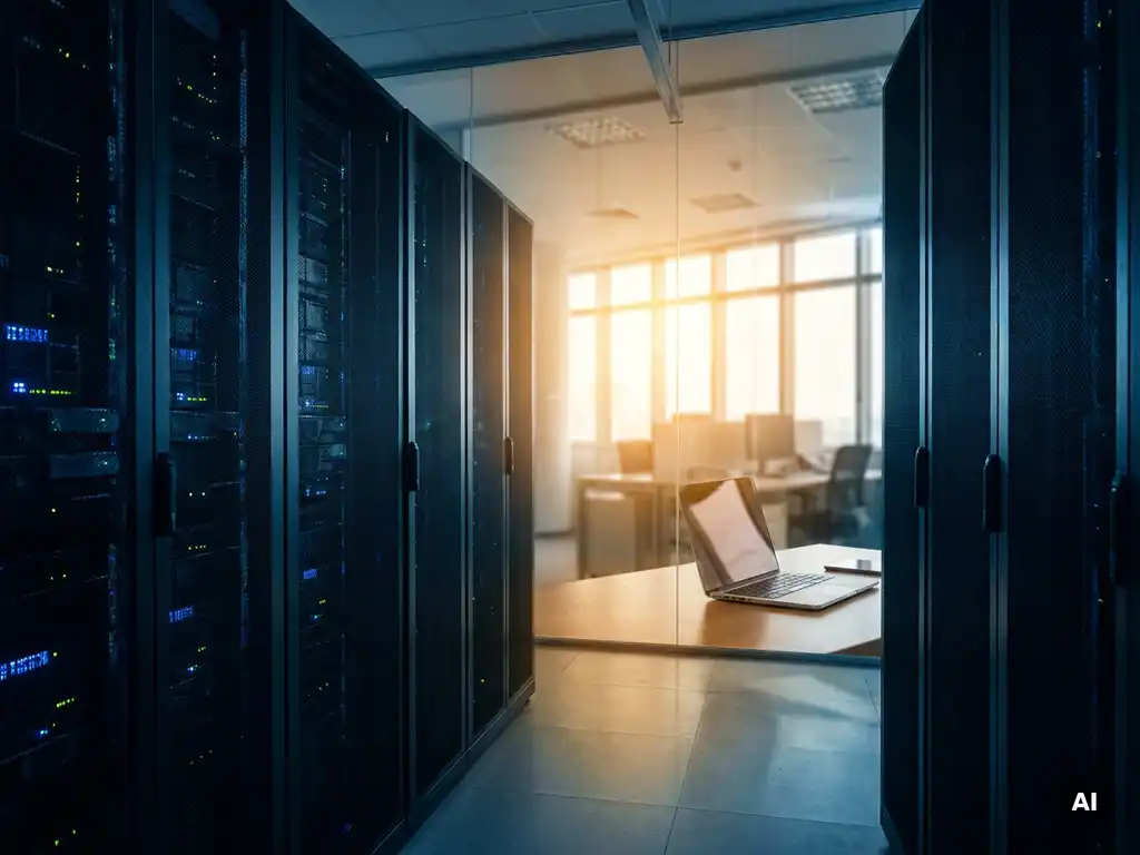 Serverrack in donkere dataruimte weerspiegeld in kantoorvenster met zonnig werkplek en laptop op bureau op de voorgrond.