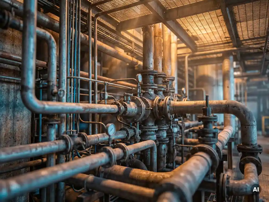 Netwerk van stalen buizen en leidingen die samenkomen in een centrale knooppunt in een industriële faciliteit.
